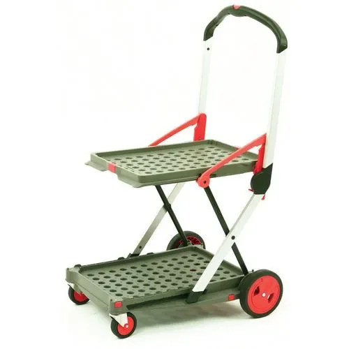 This Clax Folding Trolley comes with a folding box, which fits on either shelf and has a 46 litre capacity. The trolley features a simple push button folding mechanism and removable wheels for space saving storage. Made from aluminium and injection moulded plastic, the trolley also features block brakes and an elasticated box strap. The trolley has a 100kg maximum weight capacity (60kg top shelf, 40kg lower shelf) and weighs just 7kg. This grey and red trolley measures W550 x D890 x H1030mm.