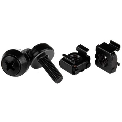 8ST10069769 | This 50-pack of M5 mounting screws and cage nuts is convenient to have on hand for installing rack-mountable equipment, such as your server, network or audio/video equipment. Each pack includes a cage nut installation tool to ensure a fast and simple installation of each cage nut. This TAA compliant product adheres to the requirements of the US Federal Trade Agreements Act (TAA), allowing government GSA Schedule purchases.They are also suitable for new server rack and cabinet setups - perfect for those times when you drop or misplace a nut or two. The bulk package ensures that you have enough available for all of your installations, when you need them.Both the server rack screws and the nuts come in an all-black finish for a seamless look.The CABSCREWM5B is backed by a StarTech.com 2-year warranty.