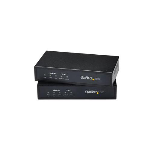 The EOC1110K Gigabit Ethernet over Coaxial Unmanaged LAN Extender Kit (2.4km) includes both end points, and allows you to span a 10/100/1000Mbps Ethernet network over extremely long distances (up to 2.4 km/1.5 mi) while still maintaining high-speed network connectivity.The coax Ethernet extender allows you to run the connection over existing coaxial cable, with little to no modification required, making it a perfect solution for a broad range of applications, including connecting isolated user stations from the same or separate building, or overcoming infrastructure obstacles and distances (e.g. older stone/concrete architecture) where new wiring or wireless connectivity may be impossible.The gigabit Ethernet over coax kit helps to eliminate expense by allowing CCD or CATV video and Ethernet network data to share the same coaxial cable without interference.Backed by a StarTech.com 2-year warranty and free lifetime technical support.