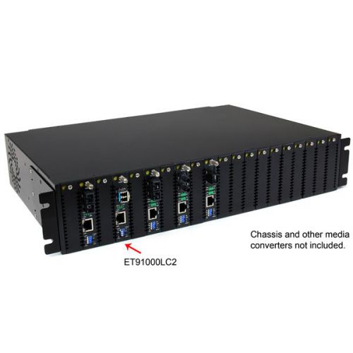 The ET91000LC2 1000 Mbps Gigabit Multimode Fibre Media Converter (LC, 550m) lets you extend a Gigabit Ethernet network over multimode fibre, at distances up to 550m (1804 ft).A cost-effective solution for connecting a Gigabit Ethernet (1000Base-T) network to remote network segments over a (1000Base-LX/SX) fibre backbone, this GbE to MM fibre converter supports full Gigabit speeds for ideal network performance and scalability. Designed to offer a durable and convenient Ethernet-to-fibre solution, the Ethernet to LC Fibre converter features an all-steel chassis, and a simple plug-and-play installation with minimal configuration required.For added versatility, this fibre media converter supports standalone operation, or installation into the 20 Slot, 2U Rackmount Chassis (ETCHS2U), as well as a replaceable SFP slot.Backed by a StarTech.com 2-year warranty and free lifetime technical support.