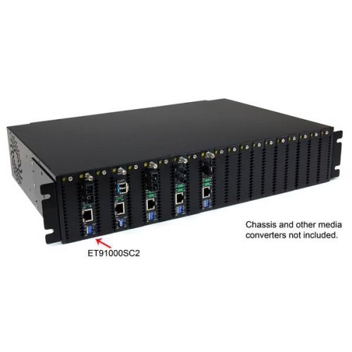 The ET91000SC2 1000 Mbps Gigabit Multimode Fibre Media Converter (SC, 550m) lets you extend a Gigabit Ethernet network over multimode fibre, at distances up to 550m (1804 ft).A cost-effective solution for connecting a Gigabit Ethernet (1000Base-T) network to remote network segments over a (1000Base-SX) fibre backbone, the GbE to MM fibre converter supports full Gigabit speeds for ideal network performance and scalability. Designed to offer a durable and convenient Ethernet to fibre solution, this Ethernet to SC Fibre converter features an all-steel chassis, and a simple plug-and-play installation with minimal configuration required.For added versatility, the fibre media converter supports standalone operation, or installation into the 20 Slot, 2U Rackmount Chassis (ETCHS2U).Backed by a StarTech.com 2-year warranty and free lifetime technical support.