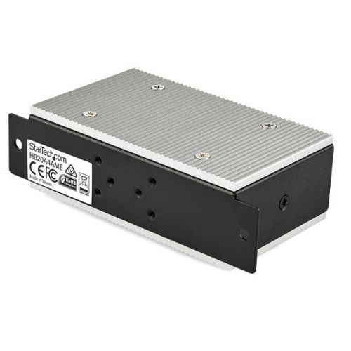 This TAA compliant 4-port industrial USB 2.0 hub gives you the scalability you need in harsh industrial environments, product and repair labs, conference rooms or office workstations. With its rugged industrial grade metal housing, it is designed to meet the advanced requirements of connecting a high number of devices in factories and office environments.This industrial USB hub delivers reliable performance with a metal, heavy-duty housing. It supports wide-range 7-48V DC terminal block input, giving you the flexibility to power the hub as required, based on your own power input capabilities.Perfect for more extreme environments, the rugged hub also supports a wide operating temperature range (-40°C to 85°C) and offers ESD protection to each USB port, which can help prevent damage to your connected devices.Designed for a high volume of connections, this robust USB 2.0 hub offers four connection ports, for connecting more USB devices and peripherals.With versatile installation options, you can install the hub where it’s best suited for your environment. With built-in mounting brackets, included DIN mount rails, and an included 2-meter USB host cable, you can securely mount the USB 2.0 hub to most surfaces such as a wall, under a desk or rack.StarTech.com offers an external power adapter, ITB20D3250, sold separately. The universal DC power adapter can be used as an alternative, back up or replacement power supply for StarTech.com’s line of industrial USB hubs.The rugged USB hub supports the full 480 Mbps bandwidth of USB 2.0 and is backward compatible with previous USB devices.The HB20A4AME is backed by a StarTech.com 2-year warranty and free lifetime technical support.