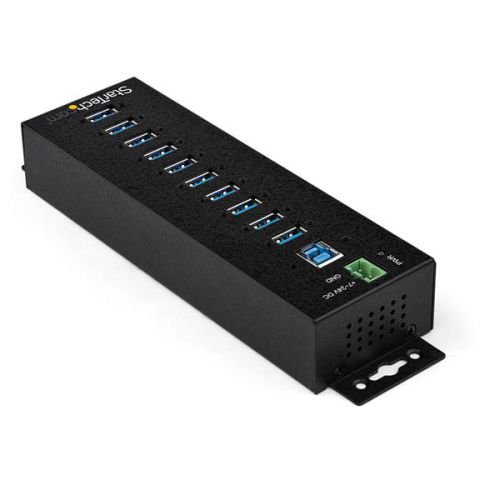 This TAA compliant 10-port industrial USB 3.0 hub gives you the scalability and power supply flexibility you need in harsh industrial environments, product, and repair labs, conference rooms or office workstations. With its rugged industrial-grade metal housing, it is designed to meet the advanced requirements of connecting a high number of devices in factories and office environments.This industrial USB hub delivers reliable performance with a metal, heavy-duty housing. It supports wide-range 7-24V DC terminal block input, giving you the flexibility to power the hub as required, based on your own power input capabilities.Perfect for factory environments, the rugged hub also supports a wide operating temperature range (0°C to 70°C) and offers surge and ESD protection to each USB port, which can help prevent damage to your connected devices.Designed for a high volume of connections, this robust USB 3.0 hub offers 10 connection ports, for connecting more USB devices and peripherals.The hub also supports USB battery charging specification 1.2, delivering up to 2.4A on any port to a maximum of 50W total, so you can charge your mobile devices faster than traditional USB ports allow.With versatile installation options, you can install the hub where it’s best suited for your environment. With built-in mounting brackets and included DIN mount rails, you can securely mount the USB 3.0 hub to most surfaces such as a wall, under a desk or rack.It supports wide-range 7-24V DC terminal block input, giving you the flexibility to power the hub as required, based on your own power input capabilities. You have the option to power the industrial hub by connecting the hub directly to an outlet with the included external terminal block power adapter, for more convenient and flexible installation.StarTech.com offers an external power adapter, ITB20D3250, sold separately. The universal DC power adapter can be used as an alternative, back up or replacement power supply for StarTech.com’s line of industrial USB hubs.The rugged USB hub supports the full 5Gbps bandwidth of USB 3.0 and is backward compatible with previous USB devices. You can connect your legacy peripherals alongside your newer USB 3.0 devices without any disruptions.The HB30A10AME is backed by a StarTech.com 2-year warranty and free lifetime technical support. 