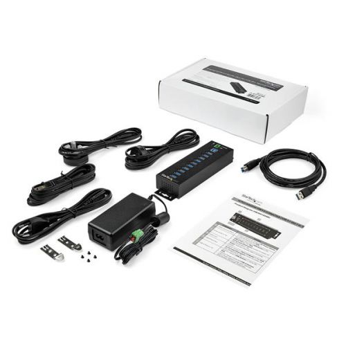 This TAA compliant 10-port industrial USB 3.0 hub gives you the scalability and power supply flexibility you need in harsh industrial environments, product, and repair labs, conference rooms or office workstations. With its rugged industrial-grade metal housing, it is designed to meet the advanced requirements of connecting a high number of devices in factories and office environments.This industrial USB hub delivers reliable performance with a metal, heavy-duty housing. It supports wide-range 7-24V DC terminal block input, giving you the flexibility to power the hub as required, based on your own power input capabilities.Perfect for factory environments, the rugged hub also supports a wide operating temperature range (0°C to 70°C) and offers surge and ESD protection to each USB port, which can help prevent damage to your connected devices.Designed for a high volume of connections, this robust USB 3.0 hub offers 10 connection ports, for connecting more USB devices and peripherals.The hub also supports USB battery charging specification 1.2, delivering up to 2.4A on any port to a maximum of 50W total, so you can charge your mobile devices faster than traditional USB ports allow.With versatile installation options, you can install the hub where it’s best suited for your environment. With built-in mounting brackets and included DIN mount rails, you can securely mount the USB 3.0 hub to most surfaces such as a wall, under a desk or rack.It supports wide-range 7-24V DC terminal block input, giving you the flexibility to power the hub as required, based on your own power input capabilities. You have the option to power the industrial hub by connecting the hub directly to an outlet with the included external terminal block power adapter, for more convenient and flexible installation.StarTech.com offers an external power adapter, ITB20D3250, sold separately. The universal DC power adapter can be used as an alternative, back up or replacement power supply for StarTech.com’s line of industrial USB hubs.The rugged USB hub supports the full 5Gbps bandwidth of USB 3.0 and is backward compatible with previous USB devices. You can connect your legacy peripherals alongside your newer USB 3.0 devices without any disruptions.The HB30A10AME is backed by a StarTech.com 2-year warranty and free lifetime technical support. 