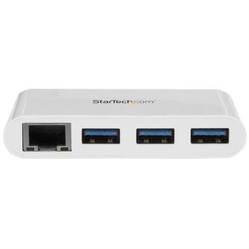 Here’s a must-have accessory for your USB-C™ equipped MacBook Pro, Chromebook™ or laptop. This USB 3.0 hub merges your USB peripheral and RJ45 network connections into a single combination hub. It gives you two vital connection types, with Ethernet and USB Type-A, which are often missing from modern laptops.Easily connect to your network and peripherals through USB-CThis 3-port USB hub features an easy-to-use USB-C connector. USB Type-C connectors are easier to insert than past generations. They're small and reversible, and you can connect the plug with either side facing up.Merges two vital port types into one stylish hubIf your MacBook or laptop is missing the ports you need, this hub can help. USB 3.0 is also known as USB 3.1 Gen 1. The versatile USB 3.0 hub gives you access to not only your USB peripheral devices but also a wired internet connection. It offers a Gigabit Ethernet port, so you can connect to a network in locations where Wi-Fi® is unreliable or unavailable.The stylish USB hub features an attractive white finish.Rugged, portable, and bus poweredThe hub features a rugged yet lightweight housing, so there’s no need to sacrifice dependability for portability. Its USB-powered design means you don’t need to carry a separate power adapter, so you can tuck the USB 3.0 hub neatly into your travel bag.This hub is perfect for travel, and it takes up minimal space on a desk, so you can use it in hot-desk or BYOD (Bring Your Own Device) environments.Built-in cable eliminates aggravationThe hub’s built-in USB-C cable makes connections easy, and you don’t need to carry a separate cable to attach the hub to your laptop.The HB30C3A1GEA is backed by a StarTech.com 2-year warranty and free lifetime technical support.