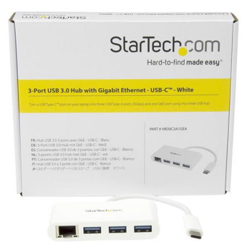 StarTech.com 3 Port USB3 Hub GbE USBC to 3xUSBA White USB Hubs 8STHB30C3A1GEA