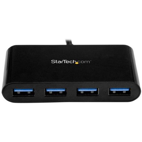 Here’s a must-have accessory if you have a USB-C™ equipped computer but need more USB-A ports. This portable USB 3.0 hub expands your laptop or desktop connectivity by adding four USB Type-A ports through a single USB Type-C™ or Thunderbolt™ 3 port. And, because it’s USB bus-powered, you don’t need to connect an external power adapter, which makes travel more convenient and workstations less cluttered.Keep using your current peripherals and devicesIf you’re looking to extend the life of your existing USB-A peripheral devices, then this hub is the perfect solution. By converting your computer’s USB-C port into four USB-A ports, you can continue to use all of your existing USB 3.0 devices such as flash drives, external hard drives, and printers (USB 3.0 is also known as USB 3.1 Gen 1). Now you can save money by avoiding the added cost and hassle of purchasing new USB-C equipped peripherals.Add USB ports, virtually anywhere you goWith its compact and lightweight design, this USB hub is tailored for mobility. You can easily tuck it into your laptop bag when traveling, which makes it easy to expand your connectivity almost anywhere you need to.Plus, with a small-footprint design the 4-port hub takes up minimal desk space when connected in your work area.Bus-powered design makes travel more convenient­­­­­This versatile USB-C hub is bus-powered, which means it draws its power directly from your computer’s USB-C port. This means there are fewer cables to carry with you when you travel because it doesn’t need an external power adapter.Add four USB 3.0 ports in secondsThis USB hub is multi-platform compatible, which means it will work with a wide range of laptops. It also works with a range of operating systems such as Windows®, Mac, Linux® and Chrome OS™. It installs automatically once you connect it to your laptop, so you can be up and running in seconds.The HB30C4AB is backed by a StarTech.com 2-year warranty and free lifetime technical support.