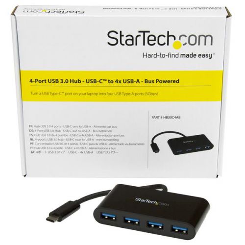 Here’s a must-have accessory if you have a USB-C™ equipped computer but need more USB-A ports. This portable USB 3.0 hub expands your laptop or desktop connectivity by adding four USB Type-A ports through a single USB Type-C™ or Thunderbolt™ 3 port. And, because it’s USB bus-powered, you don’t need to connect an external power adapter, which makes travel more convenient and workstations less cluttered.Keep using your current peripherals and devicesIf you’re looking to extend the life of your existing USB-A peripheral devices, then this hub is the perfect solution. By converting your computer’s USB-C port into four USB-A ports, you can continue to use all of your existing USB 3.0 devices such as flash drives, external hard drives, and printers (USB 3.0 is also known as USB 3.1 Gen 1). Now you can save money by avoiding the added cost and hassle of purchasing new USB-C equipped peripherals.Add USB ports, virtually anywhere you goWith its compact and lightweight design, this USB hub is tailored for mobility. You can easily tuck it into your laptop bag when traveling, which makes it easy to expand your connectivity almost anywhere you need to.Plus, with a small-footprint design the 4-port hub takes up minimal desk space when connected in your work area.Bus-powered design makes travel more convenient­­­­­This versatile USB-C hub is bus-powered, which means it draws its power directly from your computer’s USB-C port. This means there are fewer cables to carry with you when you travel because it doesn’t need an external power adapter.Add four USB 3.0 ports in secondsThis USB hub is multi-platform compatible, which means it will work with a wide range of laptops. It also works with a range of operating systems such as Windows®, Mac, Linux® and Chrome OS™. It installs automatically once you connect it to your laptop, so you can be up and running in seconds.The HB30C4AB is backed by a StarTech.com 2-year warranty and free lifetime technical support.