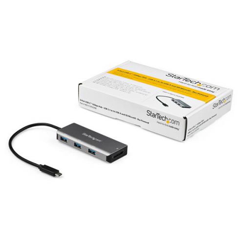 Expand the connectivity of your USB-C laptop with this bus-powered 3-Port USB-C hub. It plugs into your laptop’s USB Type-C; or Thunderbolt; 3 port, adding three USB-A ports and an SD card reader, so you can quickly connect more peripherals and devices.SD & microSD Card ReaderThe hub provides direct access to your SD memory cards or microSD cards as an additional medium for data storage and data transfer. Adapter required for microSD cards.Convenient Portability and Easy SetupThis compact, lightweight USB-Type-C hub is a convenient and portable addition to your laptop accessories. The USB-C cable is built-in, and hub is bus-powered, so it draws its power directly from your computer’s USB-C port, with no external power required. That means fewer cables to carry with you when you travel. The hub can draw up to 15 Watts of power from the connected host and operating multiple bus powered devices at one time with the total available power dependent on the connected host.The extended length attached cable of 9.8"" (25 cm) provides more flexibility for longer reach connection requirements and plug and play installation.Connect Three USB-A PeripheralsWith support for USB-A peripherals, this hub is backwards compatible supporting both legacy and new USB devices. You can connect flash drives, video capture devices and external hard drives, with fast data transfer speeds of up to 10Gbps. This USB Type-C hub enhances your productivity, giving you the connections, you need while you work.HB31C3ASDMB is backed by a StarTech.com 2-year warranty and free lifetime technical support.