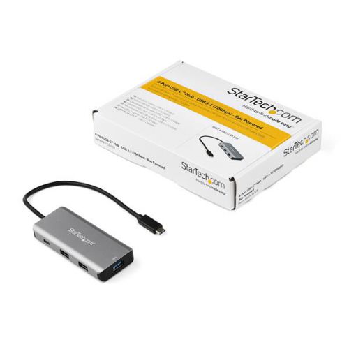 Expand the connectivity of your USB-C™ laptop with this new generation USB-C 2 hub offering 10Gbps supporting greater bandwidth to connected devices and faster data transfer speeds. This bus-powered 4-Port USB-C hub plugs into the USB Type-C™ or Thunderbolt™ 3 port on your device, adding one USB-C port and three USB-A ports, so you can quickly connect more USB devices.Convenient Portability and Easy SetupThis compact, lightweight USB Type-C hub is a convenient and portable addition to your laptop accessories. The USB-C cable is built-in, and hub is bus-powered, so it draws its power directly from your computer’s USB-C port, with no external power required. That means fewer cables to carry with you when you travel. The hub can draw up to 15 Watts of power from the connected host and operating multiple bus powered devices at one time with the total available power dependent on the connected host.The extended length attached cable of 9.8"" (25 cm) provides more flexibility for longer reach connection requirements and plug and play installation.Connect Both USB-C & USB-A PeripheralsWith ports for both USB-C and USB-A peripherals, this hub is backwards compatible supporting both legacy and new USB devices. You can connect flash drives, video capture devices and external hard drives, with fast data transfer speeds of up to 10 Gbps. This 4-port USB Type-C hub enhances your productivity, giving you the connections you need while you work.HB31C3A1CB is backed by a StarTech.com 2-year warranty and free lifetime technical support.