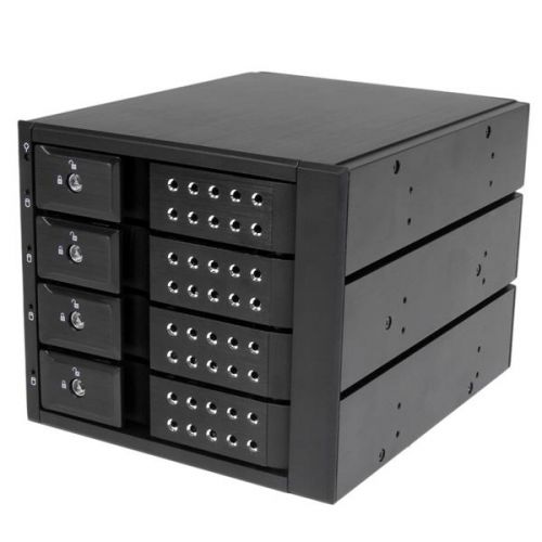 The HSB4SATSASBA Removable 4-drive Backplane makes inserting and removing drives fast and easy, by turning three 5.25" bays into a hot-swappable interface for up to four 3.5"" SATA or SAS hard drives (HDD).For added versatility, the hot swap bay can interface with SATA I/II/III and SAS I/II hard drives -- an ideal solution for enterprise system applications.For a quick and secure method of installing and removing drives, the backplane features ejection levers and a key-lock design. To help prevent drive failure, the bay provides drive cooling with a built-in fan and excellent heat dissipation with a vented aluminium enclosure.The HSB4SATSASBA is backed by a StarTech.com 2-year warranty and free lifetime technical support.