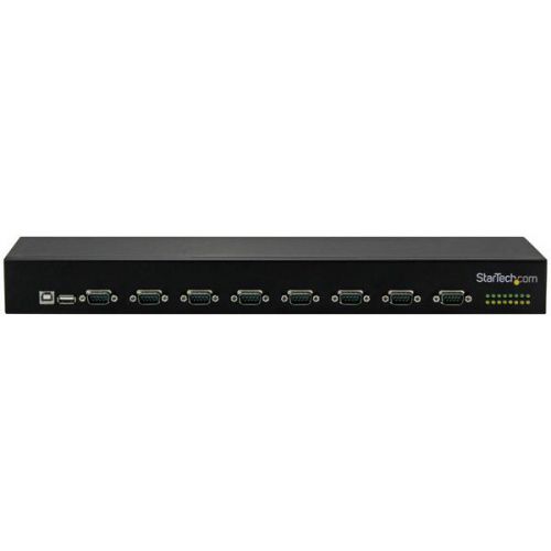 This 8-port USB-to-serial adapter hub provides an easy and cost-efficient way to add RS232 serial capability to your industrial setting. It features a sturdy, rack-mountable chassis, and supports daisy chaining, so you can connect multiple hubs together to increase your serial device port count.A scalable solution for changing needsThis rack-mountable USB serial hub (FTDI) lets you add eight serial ports (RS232), with full control from your desktop or laptop computer system using a single USB port. The daisy-chain function gives you a cost-effective and scalable way to increase your serial port count and expand as your needs grow, without investing in a more expensive serial hub.Providing full control of your serial components from a single device, the USB serial hub is ideal for a multitude of applications including industrial automation, self-serve automated kiosks, and monitoring of cameras and security systems.Built-in convenienceThe hub features COM port retention, which retains the assigned serial COM port values. This ensures that the same values are automatically re-assigned to the port provided by the adapter, in the event it is disconnected and re-connected to the host computer.The hub features a reliable FTDI USB-to-serial chipset, which provides easy installation into a broad range of operating systems.Meets the demands of industrial environmentsWith its all-metal chassis, this rugged, rack-mountable hub fits into standard 19-inch server storage racks to provide an efficient industrial serial solution. It supports an extended operating temperature range of -40°C to 85°C (-40°F to 185°F), ensuring reliable performance even in the harshest environments. The USB-serial hub includes both an AC adapter and terminal block power, providing versatile power options.The ICUSB23208FD is backed by a StarTech.com 2-year warranty and free lifetime technical support.