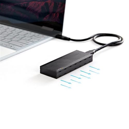 8STM2E1BMU31C | This compact M.2 NVMe SSD Enclosure for PCIe SSDs is a highly portable, high-performance data storage solution for your USB-C or Thunderbolt 3 enabled devices.Unparalleled PerformanceLeverage the high speeds of your M.2 NVMe drive, with this external SSD enclosure. It delivers USB 3.1 Gen 2 read/write speeds up to 10Gbps, which is nearly twice the capability of traditional M.2 SATA enclosures and USB 3.1 Gen 1. NVMe allows users to take full advantage of the throughput available to USB 3.1 Gen 2, which would not be possible with a SATA drive.This enclosure also features ventilation holes to help dissipate heat, ensuring an optimal operating temperature and helping to preserve performance.Truly PortableThis slim, pocket-sized enclosure for PCIe based NVMe is specially designed for mobility, with a small form-factor design that fits easily into your laptop bag. Its lightweight, yet durable aluminium housing helps to ensure your drive won’t be damaged while you’re on the move.Broad CompatibilityThe M.2 NVMe enclosure works with tablets, laptops, desktop computers and hosts that are equipped with USB Type-C and Thunderbolt 3 ports. It's also backward compatible with USB 3.1 Gen 1, making it a convenient solution for the office or other workplace environments.Additionally, the enclosure supports plug-and-play installation, making it the perfect accessory for professionals on the go.M2E1BMU31C is backed by a StarTech.com 2-year warranty and free lifetime technical support.