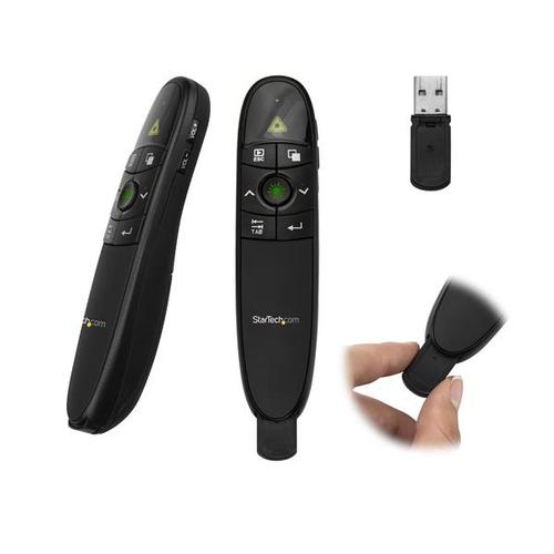 This wireless presentation remote lets you engage your audience, draw their attention and control your presentation. It's ideal for presenting in large lecture halls, or conference centres.Draw Your Audience's AttentionWith a built-in green laser pointer, the presentation remote lets you guide your audience’s attention to critical information in your content. It’s perfect for PowerPoint presentations, websites or any other documents you want to share.The green laser works on surfaces where red lasers won't display. It appears nicely on bright projector or LCD/LED HD screens.Engage Your AudienceThe presentation clicker features a wireless range of 90 ft. (27 m). It gives you control of what’s on the screen throughout the room, and the freedom to move around and present as if you were at your computer.You can:Navigate through your slidesBlack out the screen to focus your audience's attention solely on you or something else in the roomControl the volume of a videoPresent from AnywhereThe remote features a sleek, ergonomic design and includes the required batteries along with a protective carrying case, for total portability. You can store the wireless receiver inside the presentation remote when you’re not using it and the remote will automatically power off.The USB receiver works with virtually any Mac or Windows computer. Simply plug the receiver into your laptop and you're ready to present.The PRESREMOTEG is backed by a 2-year StarTech.com warranty and free lifetime technical support.