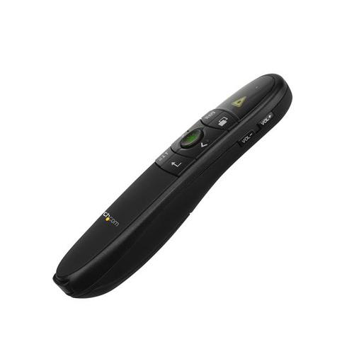 This wireless presentation remote lets you engage your audience, draw their attention and control your presentation. It's ideal for presenting in large lecture halls, or conference centres.Draw Your Audience's AttentionWith a built-in green laser pointer, the presentation remote lets you guide your audience’s attention to critical information in your content. It’s perfect for PowerPoint presentations, websites or any other documents you want to share.The green laser works on surfaces where red lasers won't display. It appears nicely on bright projector or LCD/LED HD screens.Engage Your AudienceThe presentation clicker features a wireless range of 90 ft. (27 m). It gives you control of what’s on the screen throughout the room, and the freedom to move around and present as if you were at your computer.You can:Navigate through your slidesBlack out the screen to focus your audience's attention solely on you or something else in the roomControl the volume of a videoPresent from AnywhereThe remote features a sleek, ergonomic design and includes the required batteries along with a protective carrying case, for total portability. You can store the wireless receiver inside the presentation remote when you’re not using it and the remote will automatically power off.The USB receiver works with virtually any Mac or Windows computer. Simply plug the receiver into your laptop and you're ready to present.The PRESREMOTEG is backed by a 2-year StarTech.com warranty and free lifetime technical support.