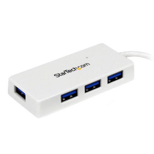 Add four external USB 3.0 ports to your notebook or Ultrabook™ with a slim, portable hub.The ST4300MINU3W Portable 4 Port SuperSpeed Mini USB 3.0 Hub (White) lets you expand your USB connectivity by turning a single USB 3.0 port into four external USB 3.0 ports. The integrated cable design makes this mini USB hub the perfect accessory for your Mac® / PC notebook or Ultrabook™ computer.The 4 Port USB 3.0 hub supports USB 3.0 data bandwidth (5 Gbps - up to 10x more than USB 2.0) and is backward compatible with USB 2.0 and 1.1 devices, ensuring flawless performance from all of your USB peripherals/devices, regardless of their age.Ideal for home and business users who require portability, the external USB 3.0 hub is USB-powered and features a rugged, compact design with a built-in cable so no additional cables are needed to connect the hub to your system.Backed by a StarTech.com 2-year warranty and free lifetime technical support.