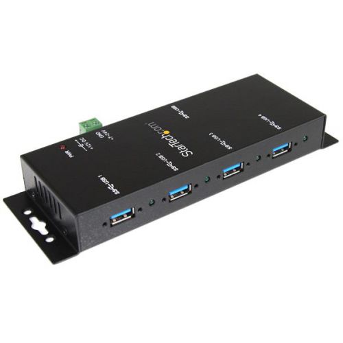 This TAA compliant 4-port industrial USB 3.0 hub gives you the scalability you need in harsh industrial environments, product and repair labs, conference rooms or office workstations. With its rugged industrial grade metal housing, it is designed to meet the advanced requirements of connecting a high number of devices in factories and office environments.This industrial USB hub delivers reliable performance with a metal, heavy-duty housing. It supports wide-range 7-24V DC terminal block input, giving you the flexibility to power the hub as required, based on your own power input capabilities.Perfect for factory environments, the rugged hub also supports a wide operating temperature range (0°C to 55°C) and offers ESD protection to each USB port, which can help prevent damage to your connected devices.Designed for a high volume of connections, this robust USB 3.0 hub offers four connection ports, for connecting more USB devices and peripherals.The hub also supports USB battery charging specification 1.2, delivering up to 2.4A on any port to a maximum of 20W total, so you can charge your mobile devices faster than traditional USB ports allow.With versatile installation options, you can install the hub where it’s best suited for your environment. With built-in mounting brackets and an included 1.8-meter USB host cable, you can securely mount the USB 3.0 hub to most surfaces such as a wall, under a desk or rack.StarTech.com offers an external power adapter, ITB20D3250, sold separately. The universal DC power adapter can be used as an alternative, back up or replacement power supply for StarTech.com’s line of industrial USB hubs.The rugged USB hub supports the full 5 Gbps bandwidth of USB 3.0 and is backward compatible with previous USB devices. You can connect your legacy peripherals alongside your newer USB 3.0 devices without any disruptions.The ST4300USBM is backed by a StarTech.com 2-year warranty and free lifetime technical support. 