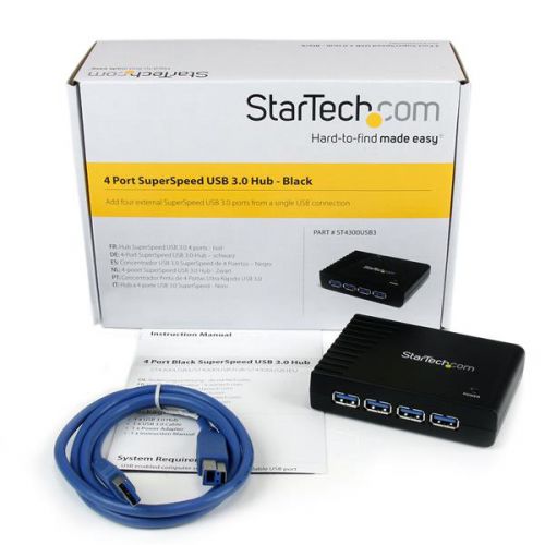 The ST4300USB3GB 4-Port SuperSpeed USB 3.0 Hub allows you to add 4 additional USB 3.0 ports from a single USB 3.0 connection to the host computer system.Backward compatible with USB 2.0 and USB 1.x standards, this USB 3.0 hub still supports older USB devices and can also be used as a hub on older systems that do not have USB 3.0 ports.With the capability to mix and match USB 3.0/2.0/1.x devices and be used with or without the included external power adapter, this hub offers the best of versatility and portability.Backed by a StarTech.com 2-year warranty and free lifetime technical support.