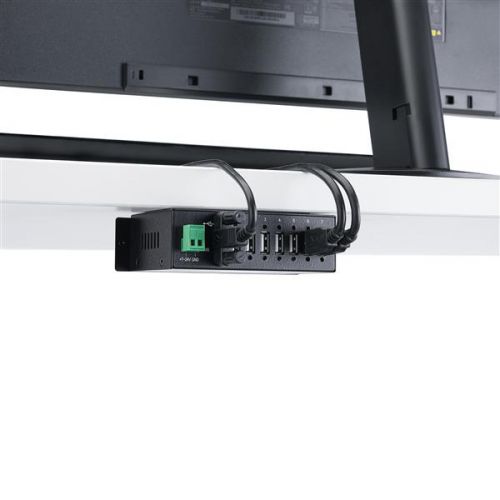 This TAA compliant 7-port industrial USB 2.0 hub gives you the scalability you need in harsh industrial environments, product and repair labs, conference rooms or office workstations. With its rugged industrial grade metal housing, it is designed to meet the advanced requirements of connecting a high number of devices in factories and office environments.This industrial USB hub delivers reliable performance with a metal, heavy-duty housing. It supports wide-range 7-24V DC terminal block input, giving you the flexibility to power the hub as required, based on your own power input capabilities.Perfect for factory environments, the rugged hub also supports a wide operating temperature range (0°C to 55°C) and offers surge and ESD protection to each USB port, which can help prevent damage to your connected devices.Designed for a high volume of connections, this robust USB 2.0 hub offers 7 connection ports, for connecting more USB devices and peripherals.With versatile installation options, you can install the hub where it’s best suited for your environment. With built-in mounting brackets and included DIN mount rails, you can securely mount the USB 2.0 hub to most surfaces such as a wall, under a desk or rack.StarTech.com offers an external power adapter, ITB20D3250, sold separately. The universal DC power adapter can be used as an alternative, back up or replacement power supply for StarTech.com’s line of industrial USB hubs.The rugged USB hub supports the full 480 Mbps bandwidth of USB 2.0 and is backward compatible with previous USB devices.The ST7200USBM is backed by a StarTech.com 2-year warranty and free lifetime technical support.