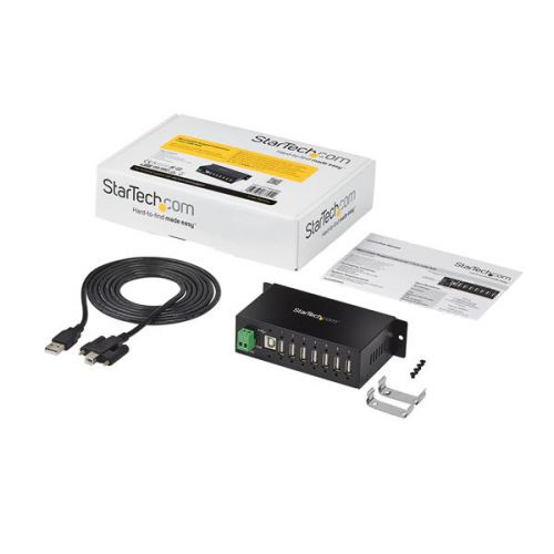 This TAA compliant 7-port industrial USB 2.0 hub gives you the scalability you need in harsh industrial environments, product and repair labs, conference rooms or office workstations. With its rugged industrial grade metal housing, it is designed to meet the advanced requirements of connecting a high number of devices in factories and office environments.This industrial USB hub delivers reliable performance with a metal, heavy-duty housing. It supports wide-range 7-24V DC terminal block input, giving you the flexibility to power the hub as required, based on your own power input capabilities.Perfect for factory environments, the rugged hub also supports a wide operating temperature range (0°C to 55°C) and offers surge and ESD protection to each USB port, which can help prevent damage to your connected devices.Designed for a high volume of connections, this robust USB 2.0 hub offers 7 connection ports, for connecting more USB devices and peripherals.With versatile installation options, you can install the hub where it’s best suited for your environment. With built-in mounting brackets and included DIN mount rails, you can securely mount the USB 2.0 hub to most surfaces such as a wall, under a desk or rack.StarTech.com offers an external power adapter, ITB20D3250, sold separately. The universal DC power adapter can be used as an alternative, back up or replacement power supply for StarTech.com’s line of industrial USB hubs.The rugged USB hub supports the full 480 Mbps bandwidth of USB 2.0 and is backward compatible with previous USB devices.The ST7200USBM is backed by a StarTech.com 2-year warranty and free lifetime technical support.