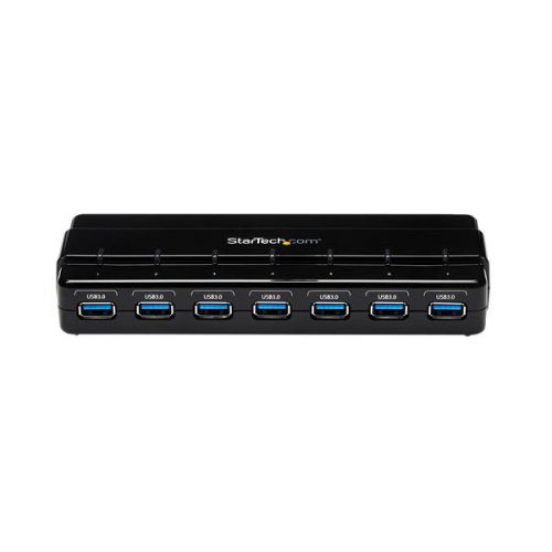 Add 7 external, USB 3.0 ports to a computer from a single USB connection.The ST7300USB3B USB 3.0 Hub lets you add seven external USB 3.0 ports to a computer from a single USB 3.0 host connection.Offering data transfer rates up to 5 Gbps, the USB hub meets SuperSpeed USB 3.0 specifications and is backward compatible with USB 2.0 and 1.x devices.Designed for easy port access when connecting or disconnecting devices, the hub features one-sided port orientation, with current overload detection and protection across all seven ports. The hub supports Plug-and-Play and Hot-Swap technologies, letting you switch and operate your connected devices without having to power down the host computer.The USB hub is bus powered for use in environments where a power outlet may be unavailable, but is perfect for high-power USB devices when used with the included optional power adapter.Backed by a StarTech.com 2-year warranty and free lifetime technical support.
