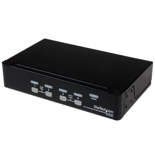 8ST10011660 | The SV431DUSBU 4 Port 1U Rack Mountable USB KVM Switch with OSD lets you control multiple USB based computers from a single console (USB keyboard, USB mouse, monitor).Convenient push-button and hot-key controls provide quick, reliable switching between connected computers while manual and auto-scan switching modes and an On Screen Display (OSD) offer additional control options.Designed to ensure maximum space efficiency, the USB KVM switch features a slim 1U design that fits neatly into a server equipment rack/cabinet (with optional mounting bracket SV431RACK) and offers rear cable connections to eliminate cable tangles and minimize workspace disruption.This product is TAA compliant and backed by a Startech.com 3-year warranty with free lifetime technical support.Rackmount your KVM switchIf you’d like to mount this KVM switch to your server rack, StarTech.com offers a 1U Rackmount Bracket (sold separately) that turns this KVM into a rack mountable KVM.The SV431DUSBU only works with specific 2-in-1 VGA and USB cables (sold separately), a list of StarTech.com approved cables are below:6 ft Ultra Thin USB VGA 2-in-1 KVM Cable6 ft Ultra Thin USB VGA 2-in-1 KVM Cable10 ft Ultra Thin USB VGA 2-in-1 KVM Cable15 ft Ultra Thin USB VGA 2-in-1 KVM Cable