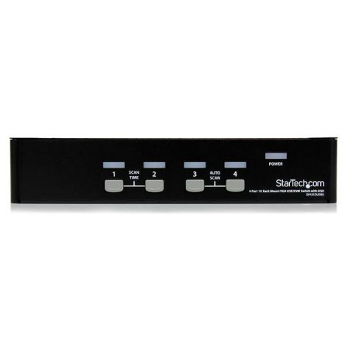 The SV431DUSBU 4 Port 1U Rack Mountable USB KVM Switch with OSD lets you control multiple USB based computers from a single console (USB keyboard, USB mouse, monitor).Convenient push-button and hot-key controls provide quick, reliable switching between connected computers while manual and auto-scan switching modes and an On Screen Display (OSD) offer additional control options.Designed to ensure maximum space efficiency, the USB KVM switch features a slim 1U design that fits neatly into a server equipment rack/cabinet (with optional mounting bracket SV431RACK) and offers rear cable connections to eliminate cable tangles and minimize workspace disruption.This product is TAA compliant and backed by a Startech.com 3-year warranty with free lifetime technical support.Rackmount your KVM switchIf you’d like to mount this KVM switch to your server rack, StarTech.com offers a 1U Rackmount Bracket (sold separately) that turns this KVM into a rack mountable KVM.The SV431DUSBU only works with specific 2-in-1 VGA and USB cables (sold separately), a list of StarTech.com approved cables are below:6 ft Ultra Thin USB VGA 2-in-1 KVM Cable6 ft Ultra Thin USB VGA 2-in-1 KVM Cable10 ft Ultra Thin USB VGA 2-in-1 KVM Cable15 ft Ultra Thin USB VGA 2-in-1 KVM Cable