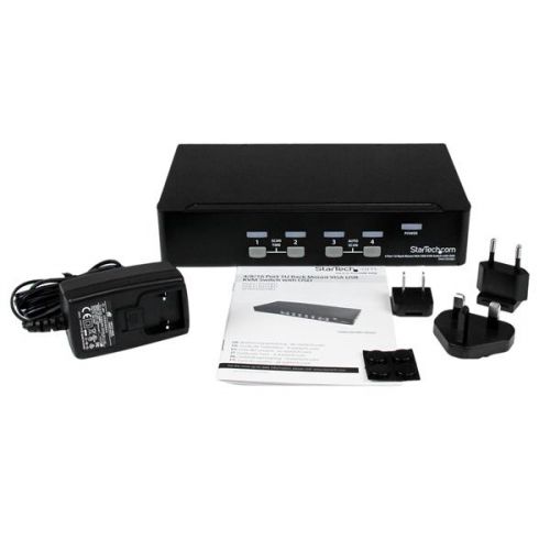 8ST10011660 | The SV431DUSBU 4 Port 1U Rack Mountable USB KVM Switch with OSD lets you control multiple USB based computers from a single console (USB keyboard, USB mouse, monitor).Convenient push-button and hot-key controls provide quick, reliable switching between connected computers while manual and auto-scan switching modes and an On Screen Display (OSD) offer additional control options.Designed to ensure maximum space efficiency, the USB KVM switch features a slim 1U design that fits neatly into a server equipment rack/cabinet (with optional mounting bracket SV431RACK) and offers rear cable connections to eliminate cable tangles and minimize workspace disruption.This product is TAA compliant and backed by a Startech.com 3-year warranty with free lifetime technical support.Rackmount your KVM switchIf you’d like to mount this KVM switch to your server rack, StarTech.com offers a 1U Rackmount Bracket (sold separately) that turns this KVM into a rack mountable KVM.The SV431DUSBU only works with specific 2-in-1 VGA and USB cables (sold separately), a list of StarTech.com approved cables are below:6 ft Ultra Thin USB VGA 2-in-1 KVM Cable6 ft Ultra Thin USB VGA 2-in-1 KVM Cable10 ft Ultra Thin USB VGA 2-in-1 KVM Cable15 ft Ultra Thin USB VGA 2-in-1 KVM Cable