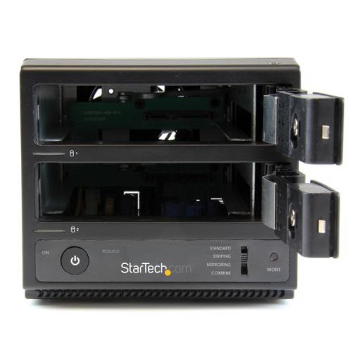 8STS352BU33RER | The S352BU33RER 2-Bay RAID enclosure lets you build an external RAID array with two 3.5” SATA hard drives, and connect to your computer through USB 3.0 or eSATA.For fast performance and efficient data transfers, the enclosure supports SATA III transfer speeds -- up to 6 Gbps when connected through eSATA. The versatile RAID enclosure can also be connected through USB 3.0, with support for UASP, performing up to 70% faster than conventional USB 3.0 when paired with a UASP-enabled host controller. See our UASP testing results below for further details.The external RAID enclosure features a hardware RAID controller, supporting JBOD, Spanning, RAID 0, and RAID 1 -- to achieve greater drive capacity, or secure data redundancy. The RAID controller is also front mounted for ease of access when changing your RAID mode.For fast and easy drive installation and removal, the dual drive enclosure features a convenient trayless system that eliminates having to mount and fasten your drives, saving time and hassle.To ensure compatibility with your computer system, the S352BU33RER supports all of the leading operating systems, including: Microsoft Windows® (8/7/Vista/XP/Server 2008/Server 2003), Apple® OSX (10.9/10.8/10.7/10.6), Linux, and Google Chrome OS™.The S352BU33RER is backed by a StarTech.com 2-year warranty and free lifetime technical support.Improved Performance with UASPUASP is supported in Windows 8, Mac OSX (10.8 or above), and Linux. In testing, UASP performs with a 70% faster read speed and 40% faster write speed over traditional USB 3.0 at peak performance.At the same peak in testing UASP also shows an 80% reduction in required processor resources.Testing results were obtained using an Intel® Ivy Bridge system, a UASP-enabled StarTech.com Enclosure, and a SATA III solid state drive.