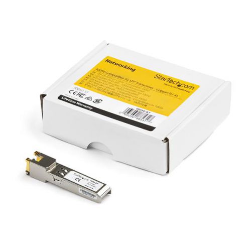 The 10050-ST is an Extreme Networks 10050 compatible copper transceiver module that has been designed, programmed and tested to work with Extreme Networks brand switches and routers. It delivers dependable 1 GbE connectivity over copper cable, for 1000Base-T compliant networks, with a maximum distance of up to 100 m (328 ft).Technical Specifications:Maximum Data Transfer Rate: 1000 Mbps (1 Gbps)Type: CopperConnection Type: RJ-45Maximum Transfer Distance: 100 m (328 ft)MTBF: 510,469,759 hoursPower Consumption: Low power consumptionDigital Diagnostics Monitoring (DDM): NoThis SFP copper module is hot-swappable, making upgrades and replacements seamless by minimizing network disruptions.StarTech.com SFPsAll StarTech.com SFP & SFP+ transceiver modules are backed by a lifetime warranty and free lifetime multilingual technical support. StarTech.com offers a wide variety of SFP modules and direct-attach SFP cables, providing the convenience and reliability you need to ensure dependable network performance.