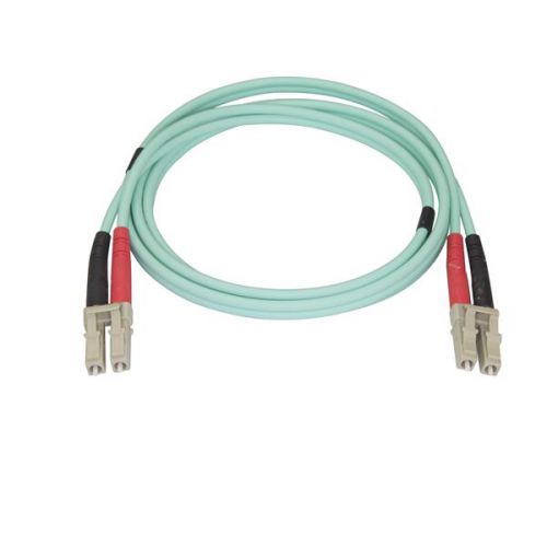 8ST450FBLCLC1 | This fibre optic cable lets you connect 40GBase-SR4, 100GBase-SR10, SFP+ and QSFP+ transceivers in 40 and 100 Gigabit networks. The OM4 cable supports Vertical Cavity Surface Emitting Laser (VCSEL) and LED light sources and is backward compatible with your existing 50/125 equipment.This Aqua OM4 duplex multimode fibre cable is housed in a LSZH (Low-Smoke, Zero-Halogen) flame retardant jacket, to ensure minimal smoke, toxicity and corrosion when exposed to high sources of heat, in the event of a fire. It's ideal for use in industrial settings, central offices and schools, as well as residential settings where building codes are a consideration.Each OM4 fibre cable is individually tested and certified to be within acceptable optical insertion loss limits for guaranteed compatibility and 100% reliability.The 450FBLCLC1 from StarTech.com is backed by a lifetime warranty.
