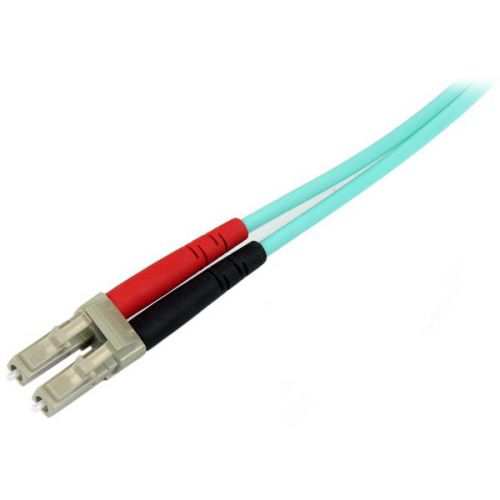 8ST450FBLCLC1 | This fibre optic cable lets you connect 40GBase-SR4, 100GBase-SR10, SFP+ and QSFP+ transceivers in 40 and 100 Gigabit networks. The OM4 cable supports Vertical Cavity Surface Emitting Laser (VCSEL) and LED light sources and is backward compatible with your existing 50/125 equipment.This Aqua OM4 duplex multimode fibre cable is housed in a LSZH (Low-Smoke, Zero-Halogen) flame retardant jacket, to ensure minimal smoke, toxicity and corrosion when exposed to high sources of heat, in the event of a fire. It's ideal for use in industrial settings, central offices and schools, as well as residential settings where building codes are a consideration.Each OM4 fibre cable is individually tested and certified to be within acceptable optical insertion loss limits for guaranteed compatibility and 100% reliability.The 450FBLCLC1 from StarTech.com is backed by a lifetime warranty.