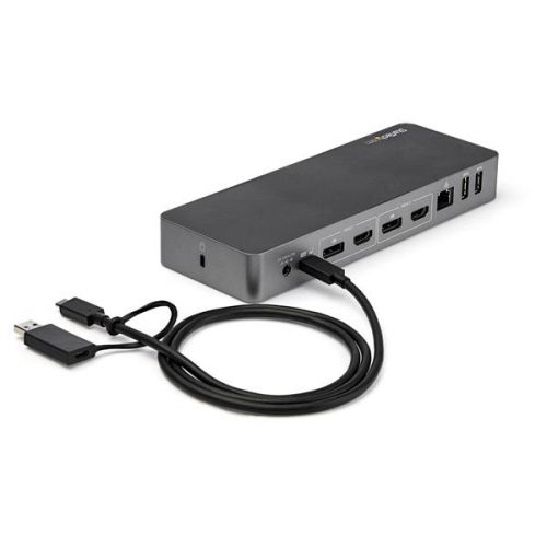 Create a dual-4K 60Hz workstation with this certified universal laptop docking station for USB-C and USB-A laptops. The USB-C dock features 60W Power Delivery 3.0, dual HDMI and/or DisplayPort monitors, fast-charge, and both USB-C and USB-A peripheral ports.The USB-C dock comes with a universal host cable that is designed with an attached USB-C to USB-A adapter to accommodate USB-A laptops. The cable also features an extended length of 1 metre (3.3 ft.) to support a wide variety of workstation setups.This is a dual 4K60Hz video docking station with support for both Ultra HD DisplayPort and/or HDMI monitors that lets you configure your video connections to best suit your needs.This docking station is fully certified to meet top industry standards for USB-IF (USB 3.1 Gen 1, USB Type-C and Power Delivery), VESA DisplayPort and DisplayLink (video connections) certification to guarantee the highest quality, reliability, and compatibility.Using a single cable, the dock powers and charges your laptop as you work with 60W PD for faster charging, using the 135W power adapter.For fast setup right out of the box, the combo cable (USB-C with attached USB-A adapter) lets you connect any laptop. The dock has mounting holes for workstation mounting (bracket not included).Connect your devices with four USB 3.1 ports: 1x USB-C and 3x USB-A. Fast-charge your USB-C or USB-A smartphone. The dock provides a GbE port (PXE Boot support & Wake-on-LAN) and 3.5 mm 4-position headset audio jack. It also includes a security lock slot (K-slot) to protect against theft.For more installation flexibility, you can use StarTech.com mounting brackets (SSPMSUDWM& SSPMSVESA) that are specifically designed for our docks and hubs, to mount your dock to a desk, wall, or other surfaces to give you the customized setup you need.DK30C2DPPDUE is backed by a StarTech.com 3-year warranty and free lifetime technical support.