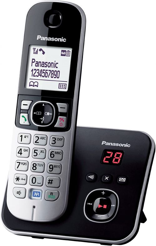 PANKXTG6821EB | Panasonic introduces the KX-TG68 family. This stylish two-tone design DECT phone with answer machine has an easy to use handset with a 1.8" white back-light screen, and Panasonic's noise reduction function. A hands-free speaker phone function is also included on this model that offers 15 hours talk time, up to 170 hours standby time and up to 120 phone book entries. This model also comes with the option of a handy "key finder" accessory that can be purchased separately.