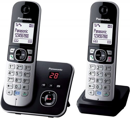 PANKXTG6822EB | Panasonic introduces the KX-TG68 family. This stylish two-tone design DECT phone with answer machine has an easy to use handset with a 1.8" white back-light screen, and Panasonic's noise reduction function. A hands-free speaker phone function is also included on this model that offers 15 hours talk time, up to 170 hours standby time and up to 120 phone book entries. This model also comes with the option of a handy "key finder" accessory that can be purchased separately.