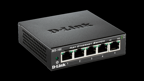 The DES-105 5-Port Fast Ethernet Unmanaged Desktop Switch is a 5-port 10/100 Mbps Fast Ethernet switch that allows you to quickly set up a wired network. Connect the DES-105 to multiple computers together to share files and folders, or connect it to a router to share an Internet connection.