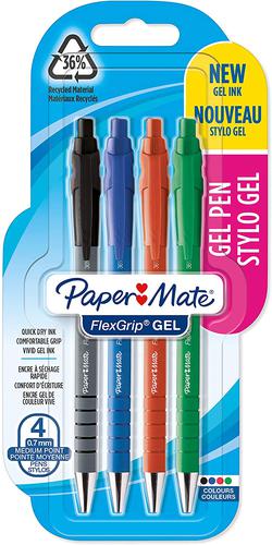 Paper Mate Flexgrip Gel Rollerball Pen 0.7mm Line Black/Blue/Green/Red (Pack 4)