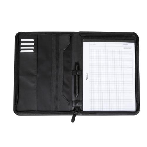 Black, leather organiser file. A4 Compartment, one additional compartment and compartments for namecard. Complete with loop for pen.