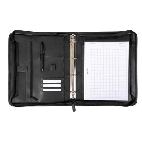 80060LM | Black, leather organiser file with extricable handles. A4 compartments on the outside, ring mechanism, tablet compartment, zipper compartment, compartment for namecard, elastic organizer loop and loop for pen.