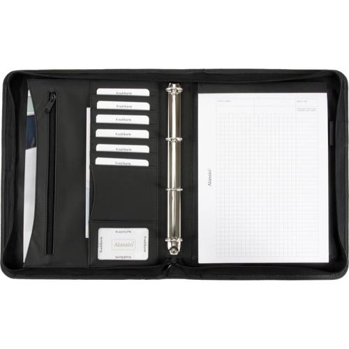 80067LM | Black, imitation leather organiser file. Ringbinder, writing pad, zip compartment, seven name card compartments, pen loop and three A4 compartments.