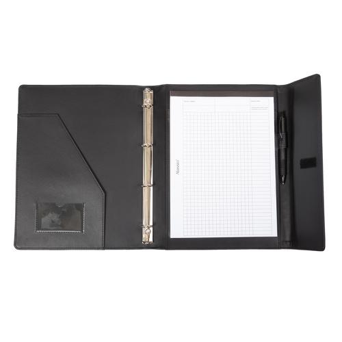 80074LM | Black, leather organiser file. Ring mechanism, big compartment and compartment for namecard, with loop for pen.