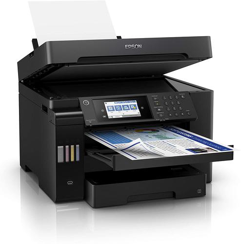 This Epson ET-16650 A3+ Inkjet printer can print, scan, copy and fax. Refillable ink tanks using cost saving replacement ink bottles. Printing is fast with no warm-up time, the PrecisionCore printhead renowned for producing speeds of 25ppm. With the inks included print up to 4,500 monochrome pages (K)/2,800 colour pages (CMY). Features include an automatic document feeder for up to 35pp and duplex printing. The contact image sensor (CIS) scanner has capability for double-sided scanning, 1200 x 2400 dpi (HxV). Walk-up black and white and colour fax capability, with up to 200 names and numbers speed dials, and up to 550 pages memory. All controlled via a 61mm colour touch panel.