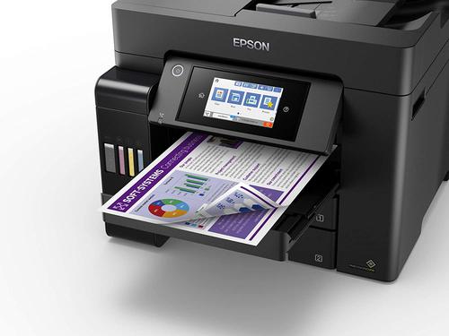 This Epson ET-5850 A4 Inkjet printer can print, scan, copy and fax. Refillable ink tanks using cost saving replacement ink bottles. Printing is fast with no warm-up time, the PrecisionCore printhead renowned for producing speeds of 25ppm. With the inks included print up to 4,500 monochrome pages (K)/2,800 colour pages (CMY). Features include an automatic document feeder for up to 35pp and duplex printing. With a contact image sensor (CIS), 1200 x 2400 dpi (HxV), able to scan double-sided. Walk-up black and white and colour fax capability, page memory up to 550 pages. Three paper trays. 50 pages automatic document feed. All controlled via an LCD touchscreen.