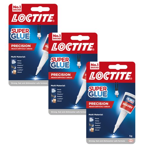 LOCTITE SUPERGLUE. High performance adhesive for instant sticking. Suitable for use on China, wood, metal, rubber, leather, card, and most plastics. Original bottle applicator. Extra-long nozzle for precision. Controlled flow nozzle for one drop at a time or continuous flow.
