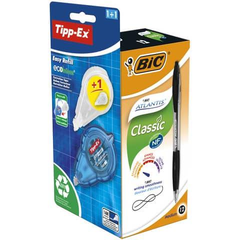 Bic Atlantis Retractable Ballpoint Pen 1mm Tip 0.32mm Line Black with 1 x Free Tipp-Ex Ecolutions Easy Refill Correction Tape (Pack 12)