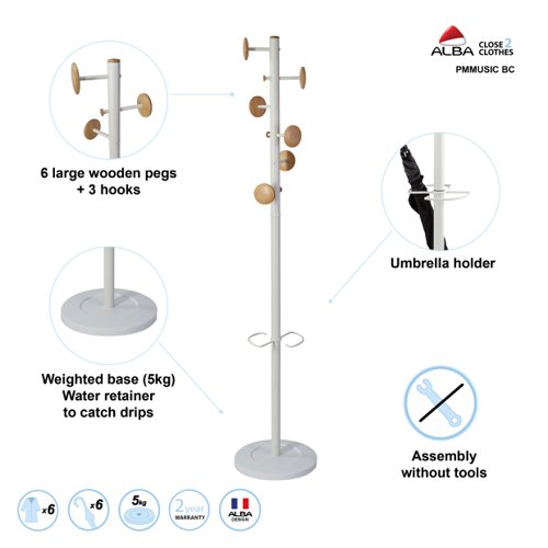Alba Music Coat Stand 6 Pegs Wood and White - PMMUSIC BC 11213AL Buy online at Office 5Star or contact us Tel 01594 810081 for assistance