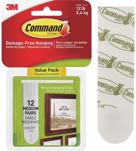 3M Command Picture Hanging Strips Value Pack Medium White (Pack 12) 17204