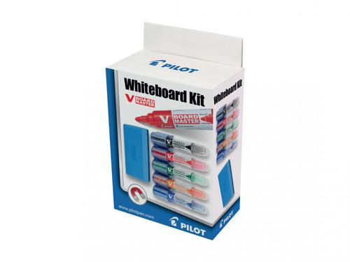 Complete whiteboard kit containing an eraser and 5x V-Board Master pens in black, red, green, orange and blue.Pilot's V BOARD MASTER is a high quality bullet tip marker which is made from 91% recycled plastic. Features include vivid coloured, smooth flowing liquid ink which can be easily erased from all types of whiteboard surfaces using a cloth. The unique twin-pipe feeder system delivers exceptional performance right down to the last drop. Containing no xylene or similar solvents, it is also refillable, meaning that one V BOARD MASTER can last much longer than other markers. The V BOARD MASTER is also odour-free.