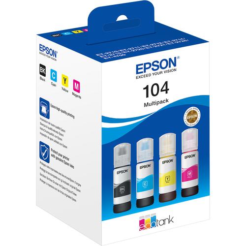 Epson 104 EcoTank Black Cyan Magenta Yellow Ink Bottle Multipack 4.5k + 3 x 7.5k pages (Pack 4) - C13T00P640
