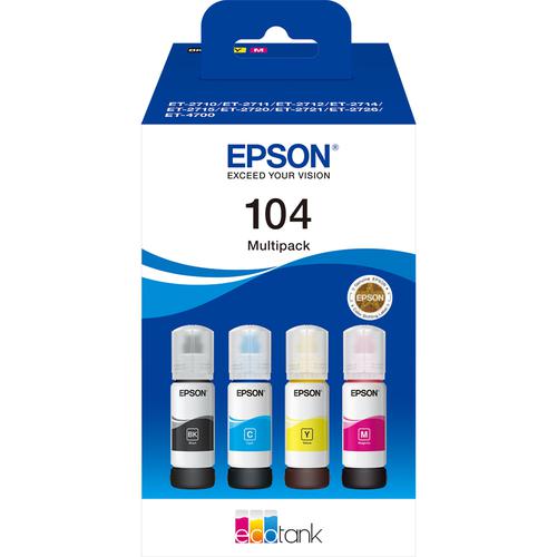 Epson 104 EcoTank Black Cyan Magenta Yellow Ink Bottle Multipack 4.5k + 3 x 7.5k pages (Pack 4) - C13T00P640
